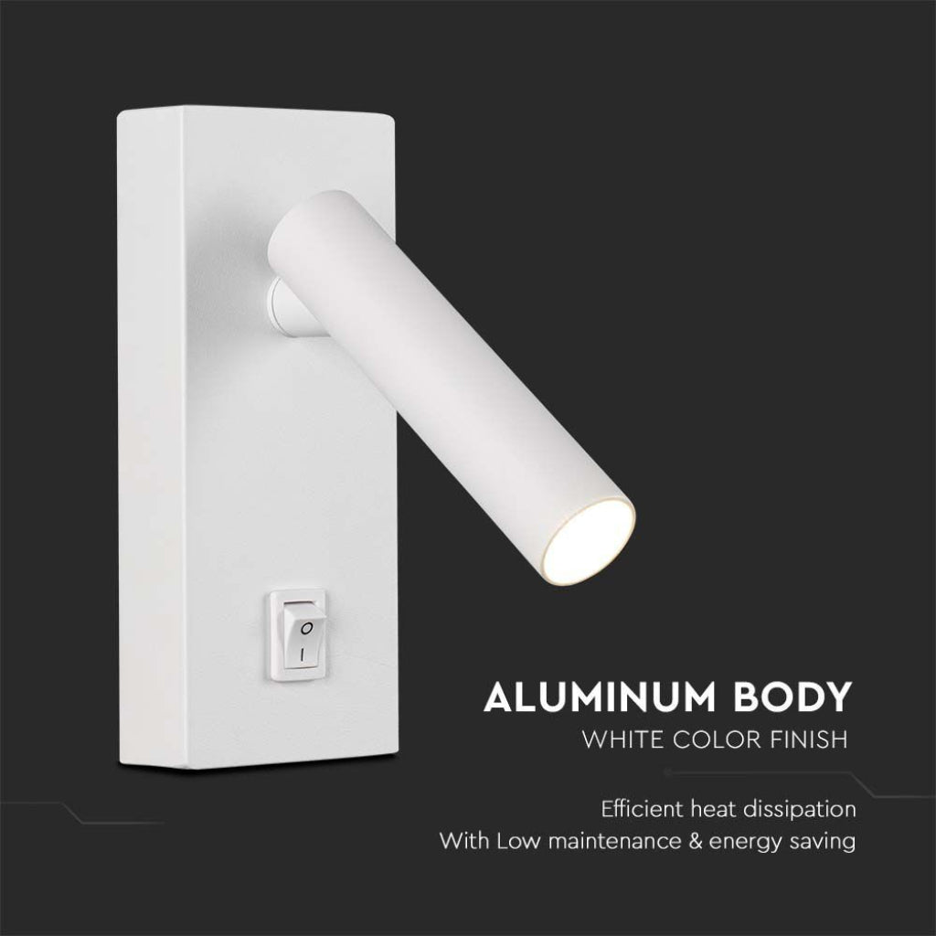 V-TAC Applique da Hotel per Lettura LED 2W Orientabile su Ogni Lato con Tasto On/Off 145*150*60mm Colore Bianco 4000K