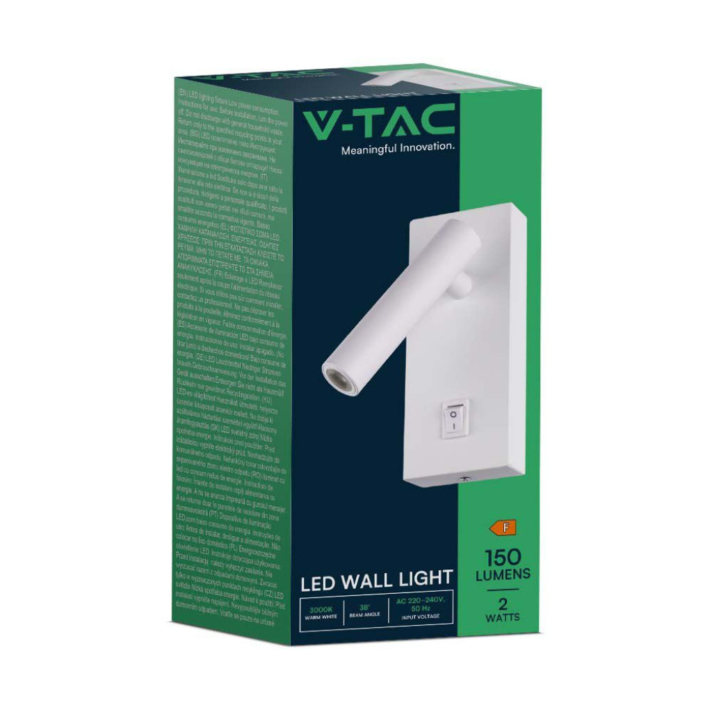 V-TAC Applique da Hotel per Lettura LED 2W Orientabile su Ogni Lato con Tasto On/Off 145*150*60mm Colore Bianco 4000K