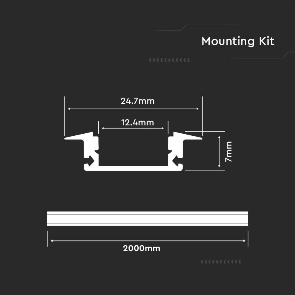 V-TAC Profilo Lineare per Strip LED con larghezza fino a 12.4mm in Alluminio Colore Silver con Copertura Opaca 2000x24.7x7mm