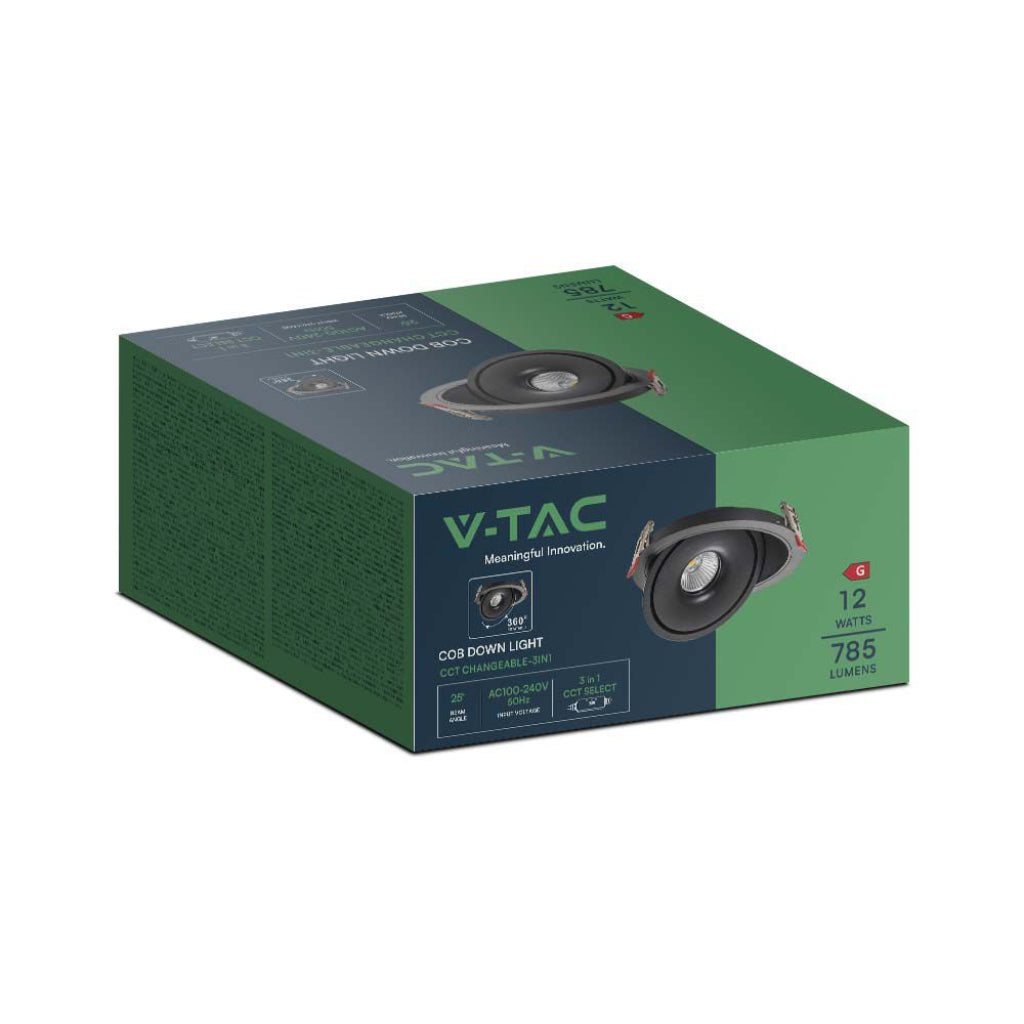 V-TAC Faretto LED COB da Incasso Rotondo 12W 120*43mm Colore Nero 3in1