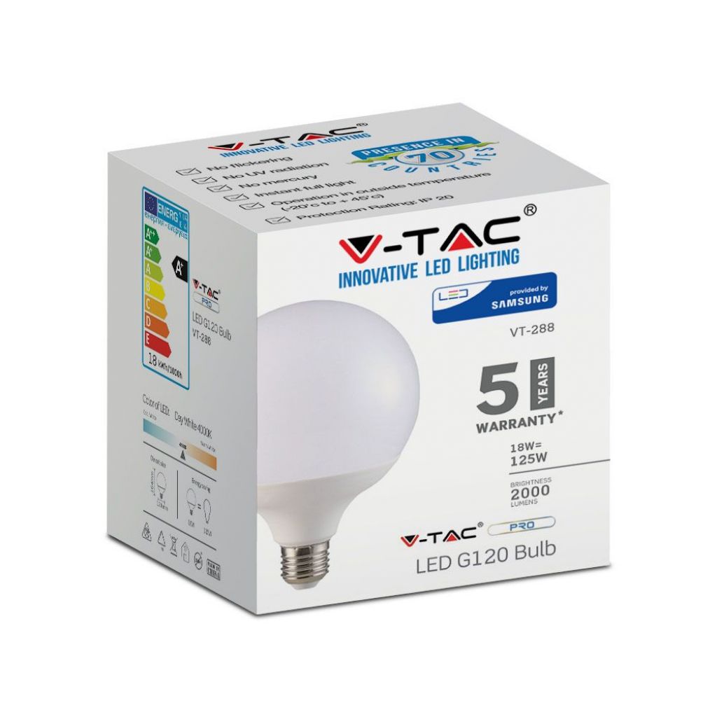 V-TAC PRO Lampadina LED Chip Samsung E27 18W G120 6400K