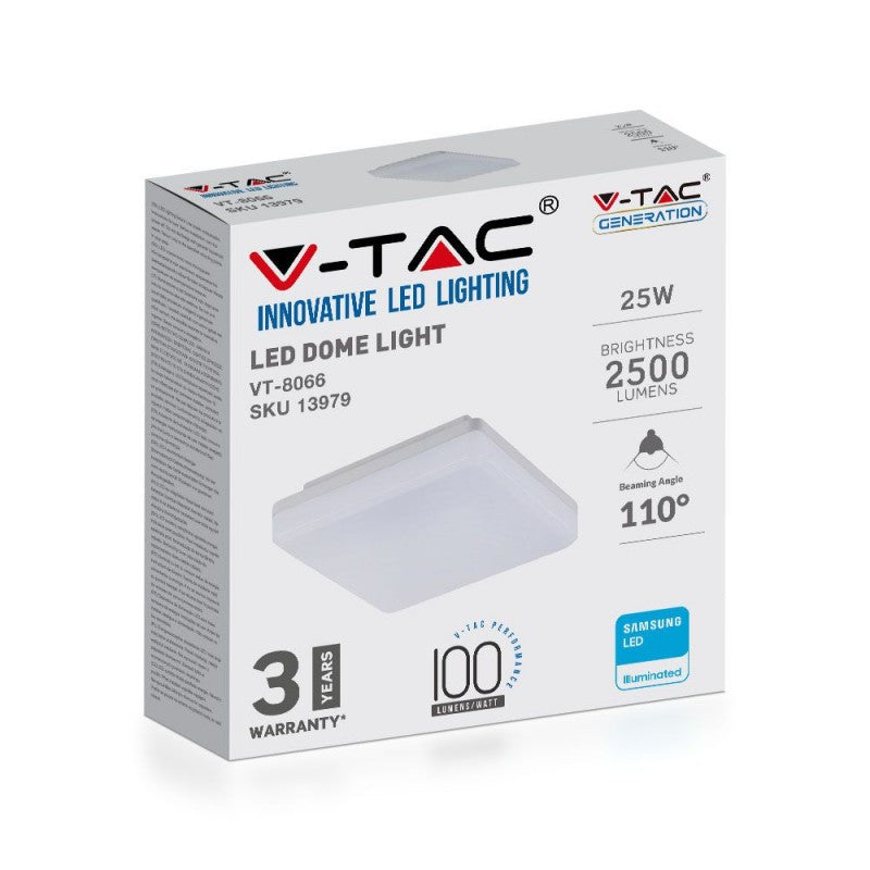 V-TAC PRO Plafoniera LED Chip Samsung Quadrata 25W 120LM/W Colore Bianco 6400K IP44
