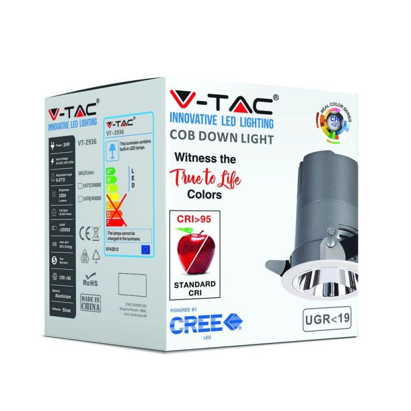 V-TAC Faro da Incasso LED COB per Hotel 35W Orientabile di 27° 4000K CRI>95