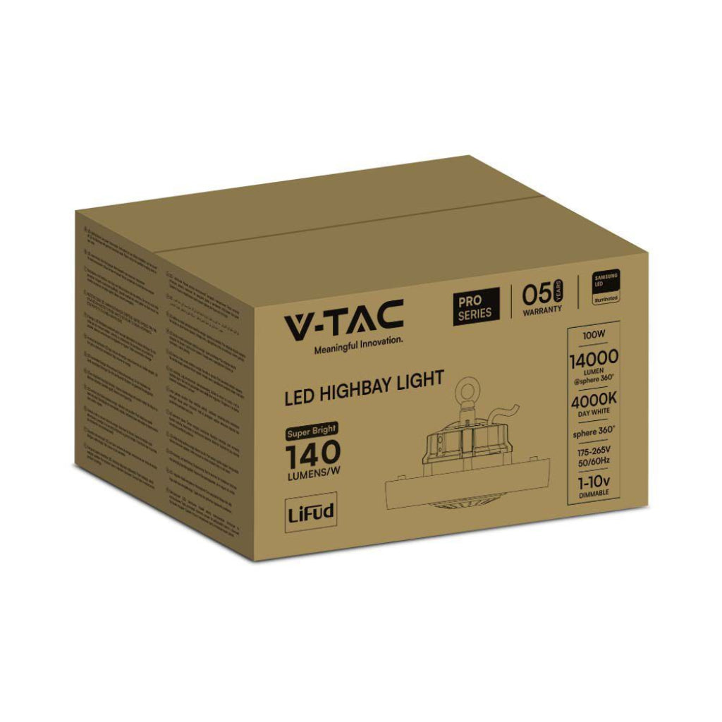V-TAC PRO Campana Industriale LED Chip Samsung 100W 140LM/W UFO Colore Nero 4000K IP65
