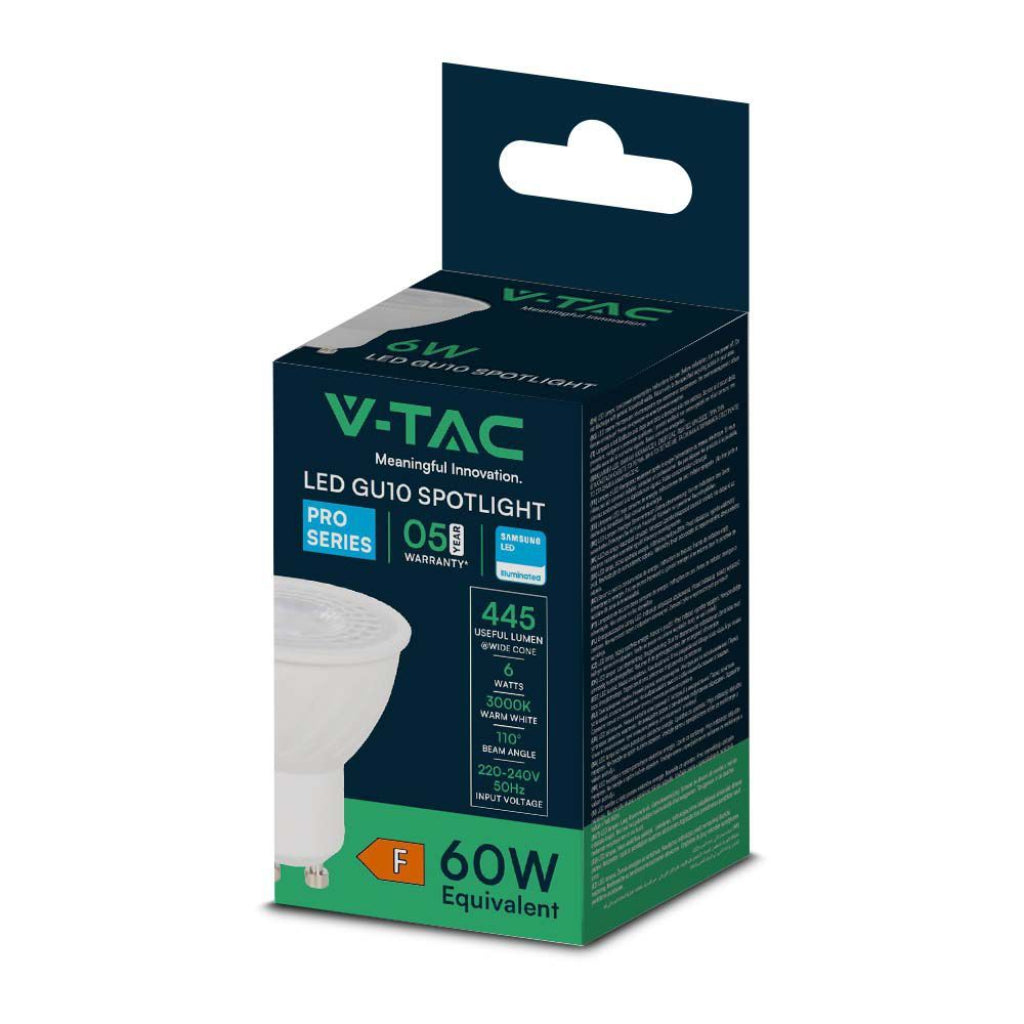 V-TAC PRO Faretto LED Chip Samsung GU10 6W 110° 3000K