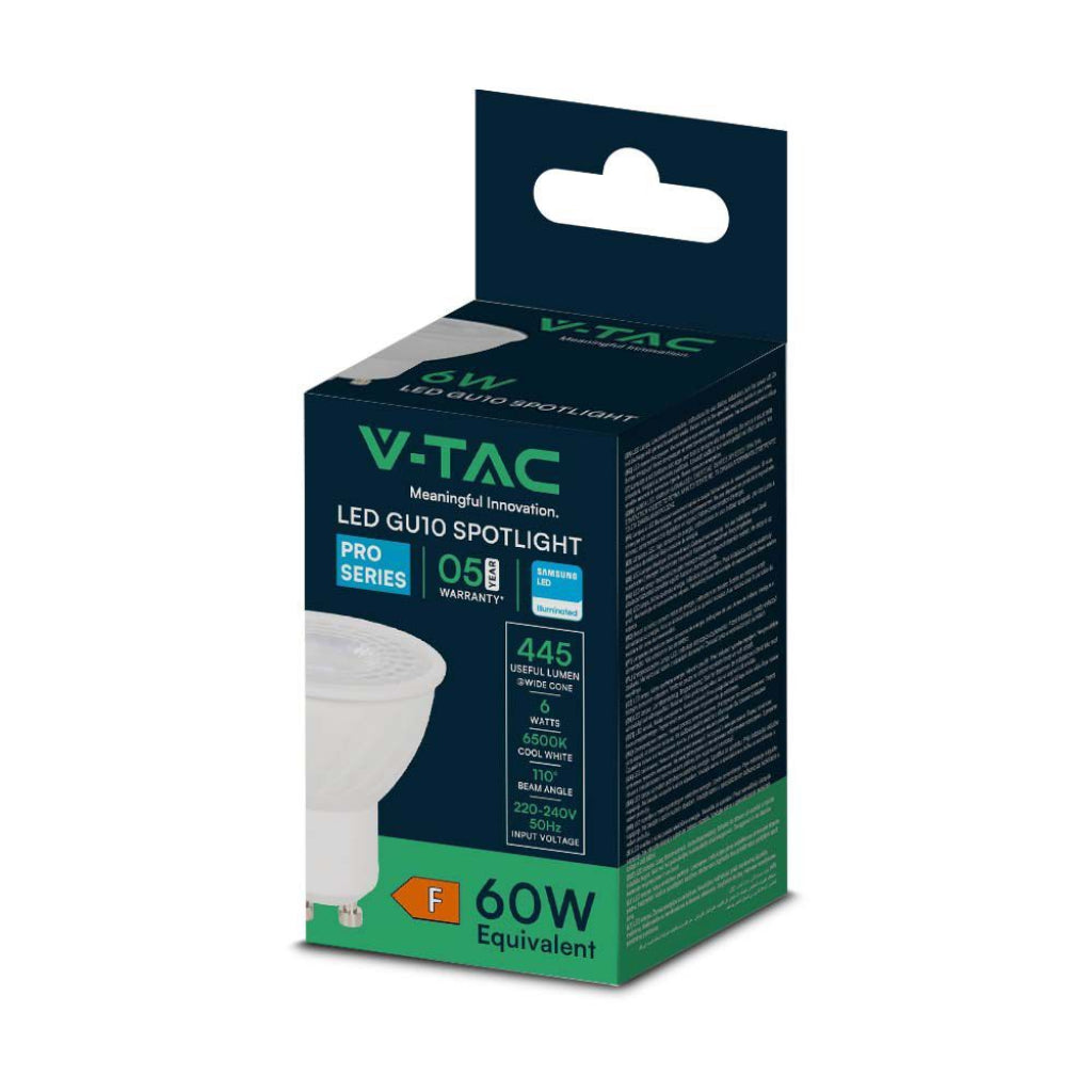 V-TAC PRO Faretto LED Chip Samsung GU10 6W 110° 6400K