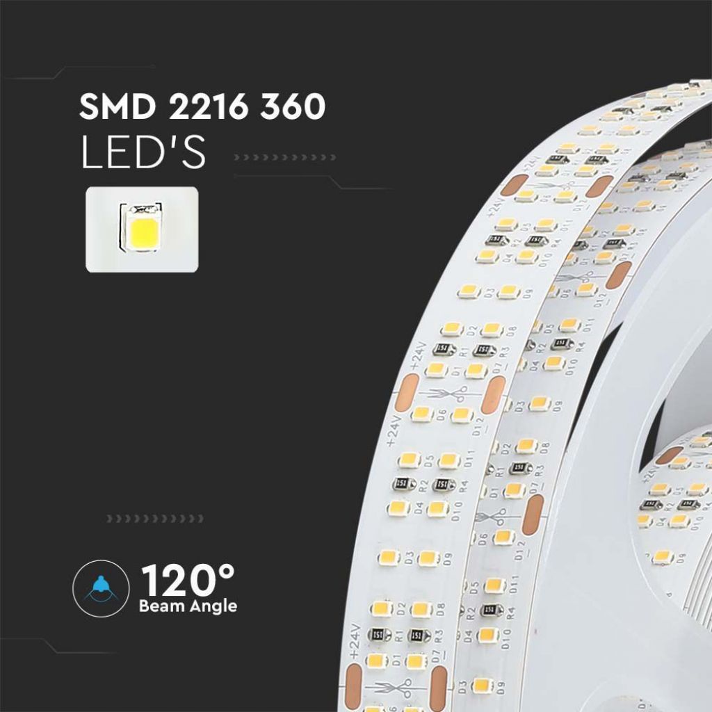 V-TAC Strip LED SMD2216 30W/m 5m 360 LED/m con Connettore Jack 2.1 da 24V CRI>90 4000K IP20 14mm