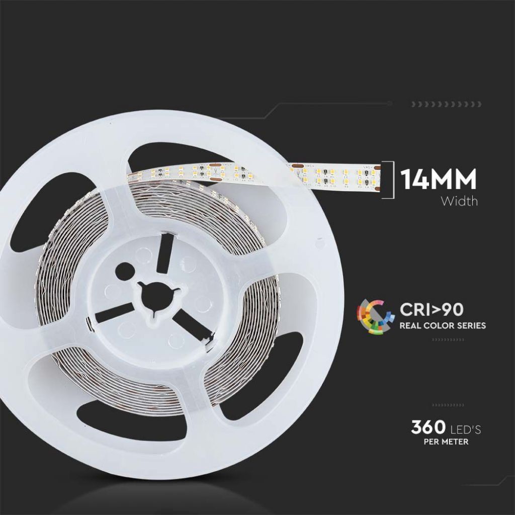 V-TAC Strip LED SMD2216 30W/m 5m 360 LED/m con Connettore Jack 2.1 da 24V CRI>90 4000K IP20 14mm