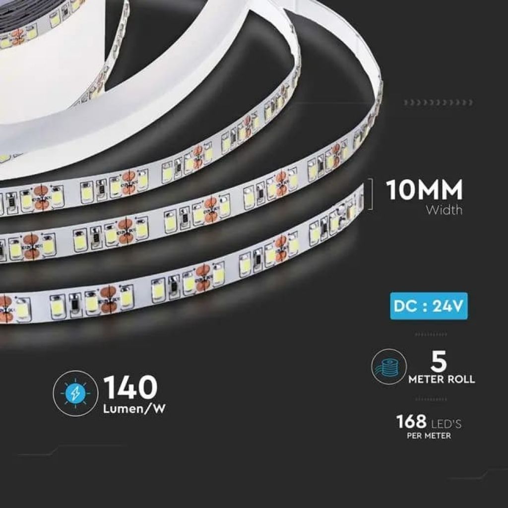 V-TAC Strip LED SMD2835 12W/m 5m 168 LED/m 140LM/W 24V 6500K IP20 10mm