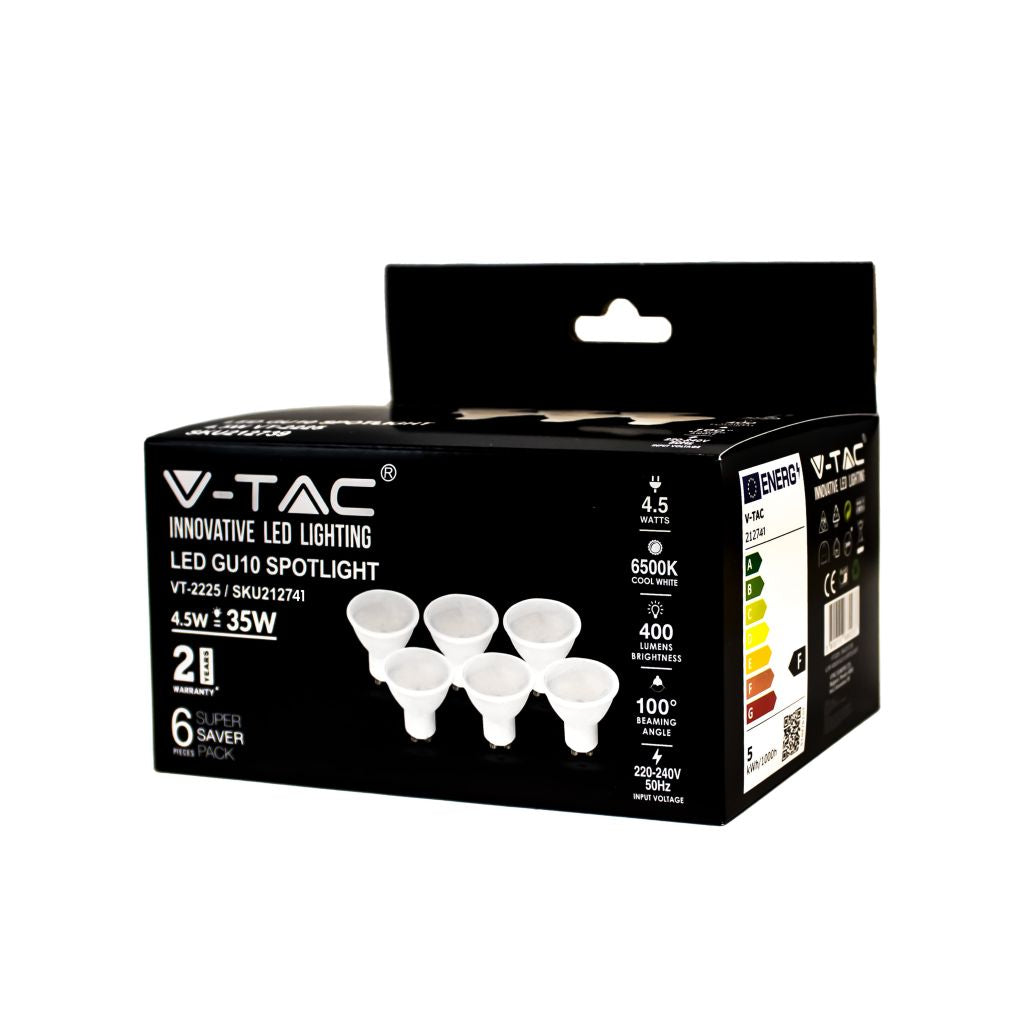 V-TAC Faretto LED GU10 4,5W 100° Copertura Satinata 6500K (Box 6 Pezzi)