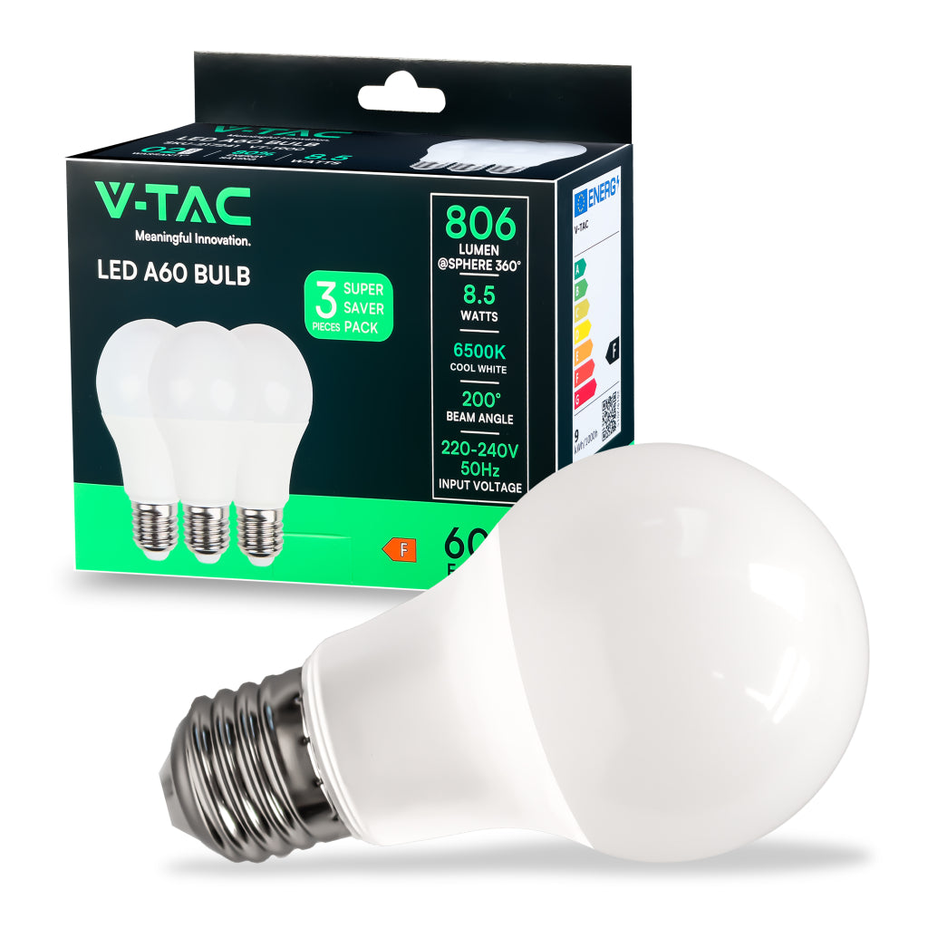 V-TAC Lampadina LED E27 8,5W A60 6500K (Box 3 pezzi)
