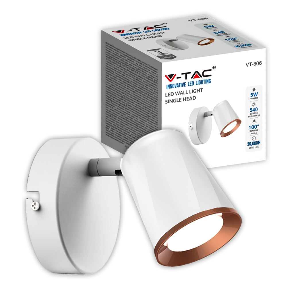 V-TAC Faretto LED da Muro 5W con Testa Orientabile Colore Bianco 3000K IP20
