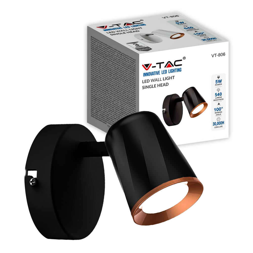 V-TAC Faretto LED da Muro 5W con Testa Orientabile Colore Nero 3000K IP20