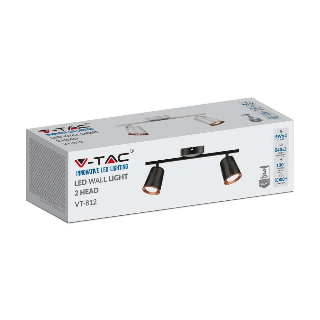 V-TAC Faretto LED da Muro Doppio 12W con Testa Orientabile Colore Nero 3000K IP20