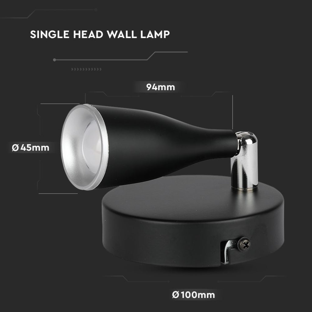 V-TAC Faretto LED da Muro 4,5W con Testa Orientabile Colore Nero 3000K IP20