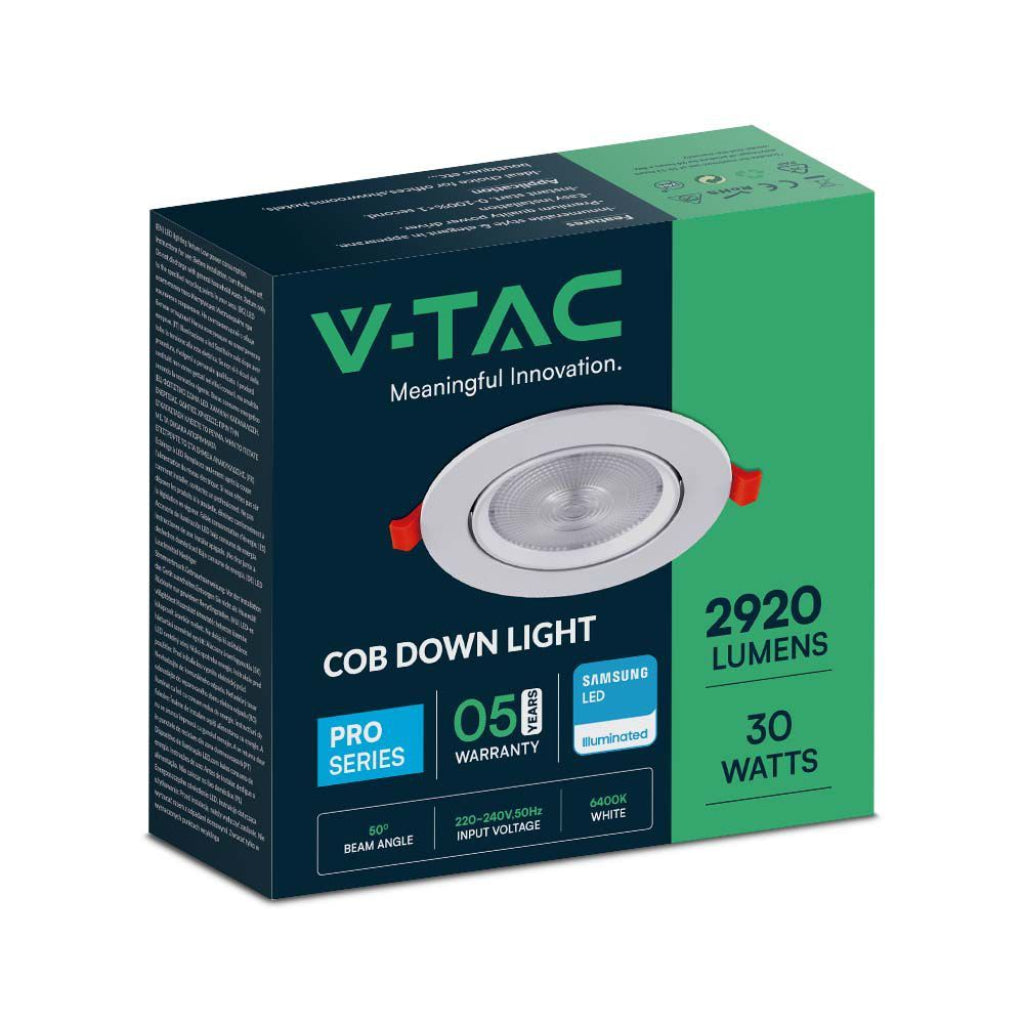 V-TAC PRO Faretto LED Chip Samsung da Incasso Rotondo 30W Inclinabile Colore Bianco 3000K