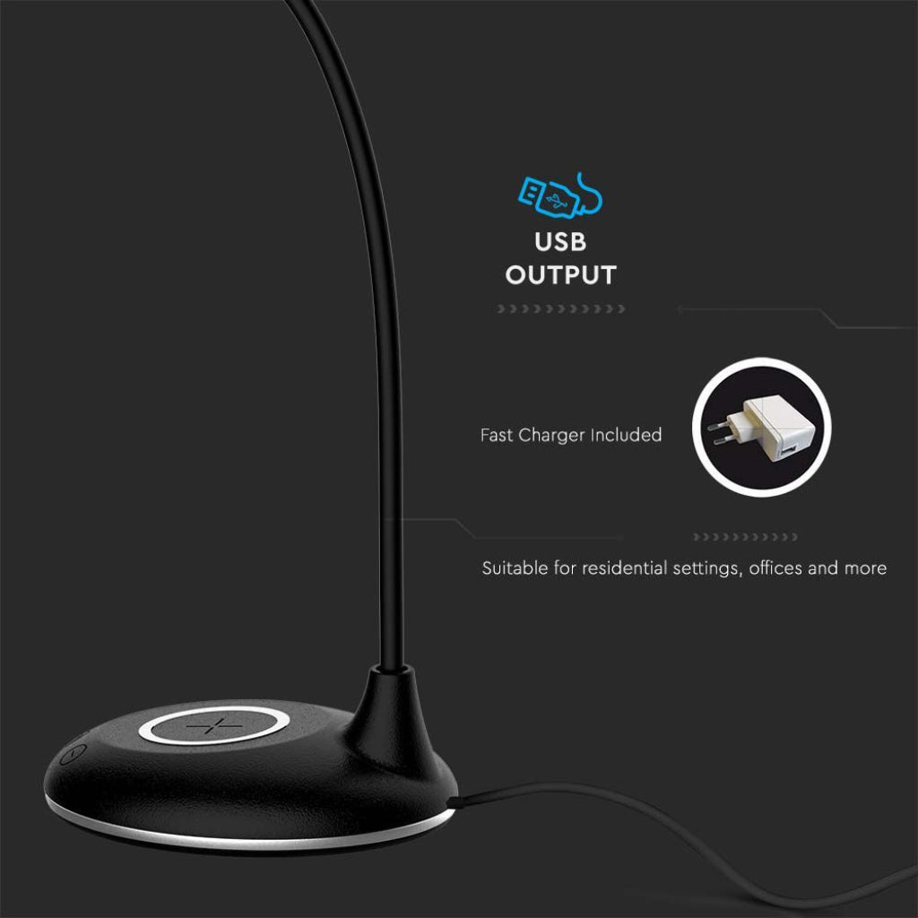 V-TAC Lampada LED da Tavolo Rotonda 4W Multifunzione 3 in 1 con Caricatore Wireless Colore Nero