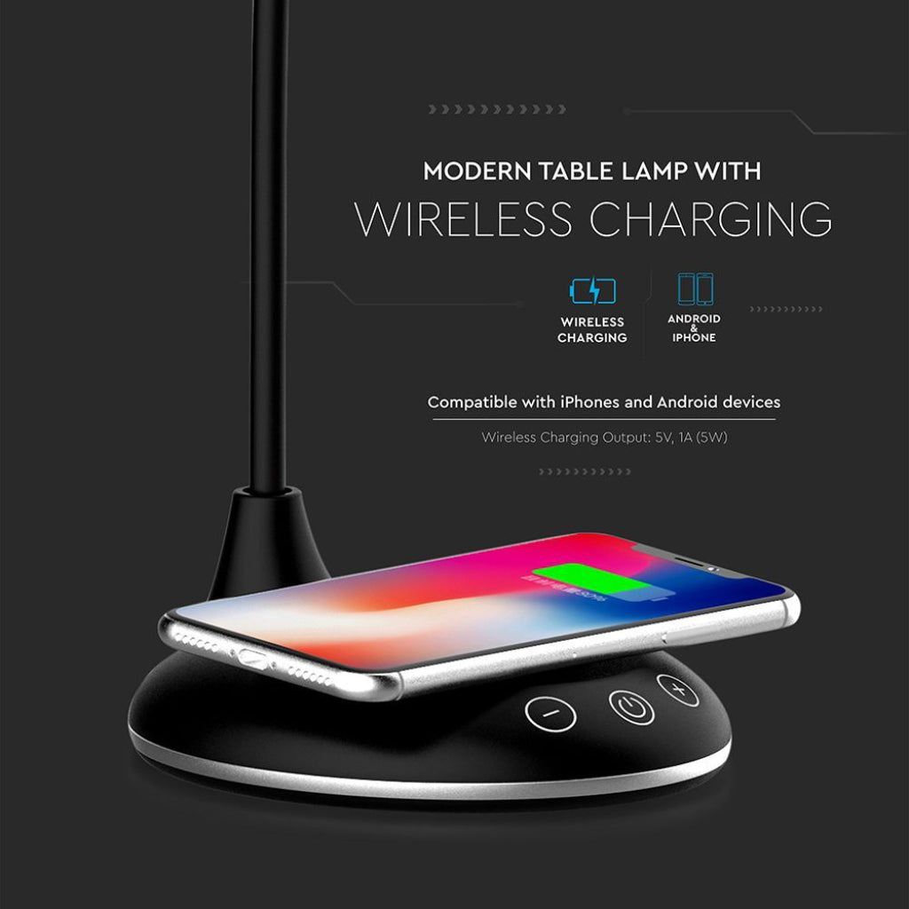 V-TAC Lampada LED da Tavolo Rotonda 4W Multifunzione 3 in 1 con Caricatore Wireless Colore Nero