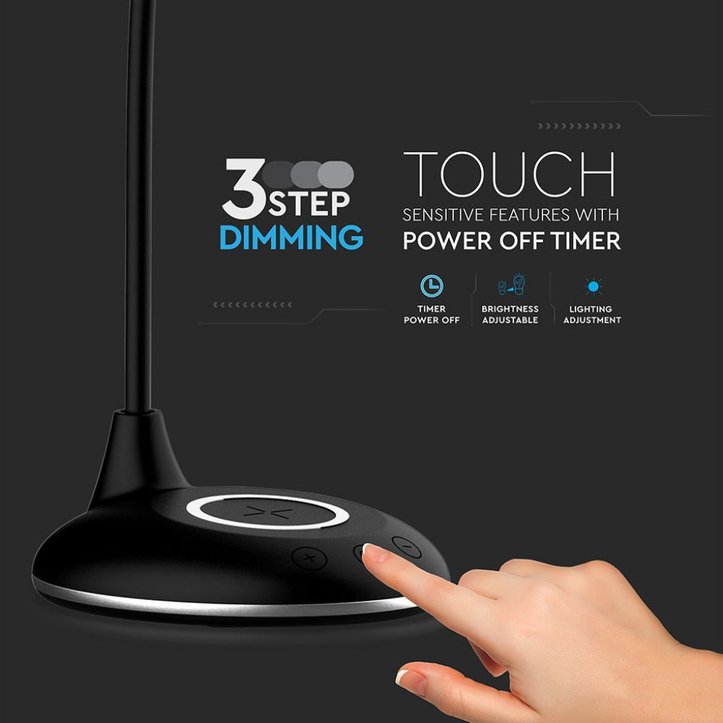 V-TAC Lampada LED da Tavolo Rotonda 4W Multifunzione 3 in 1 con Caricatore Wireless Colore Nero