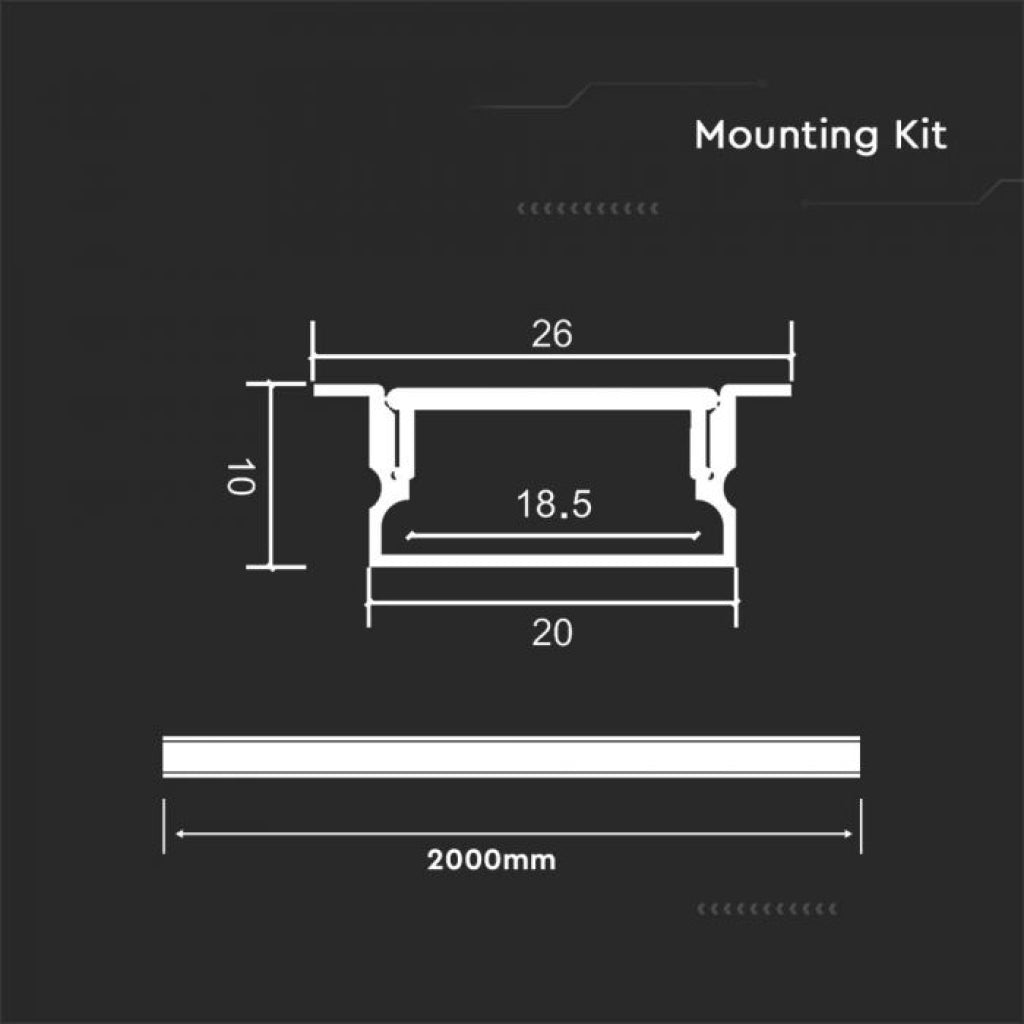 V-TAC Profilo Lineare a Incasso per Strip LED con larghezza fino a 18.5mm in Alluminio Colore Silver con Copertura Opaca 2000x10x26mm