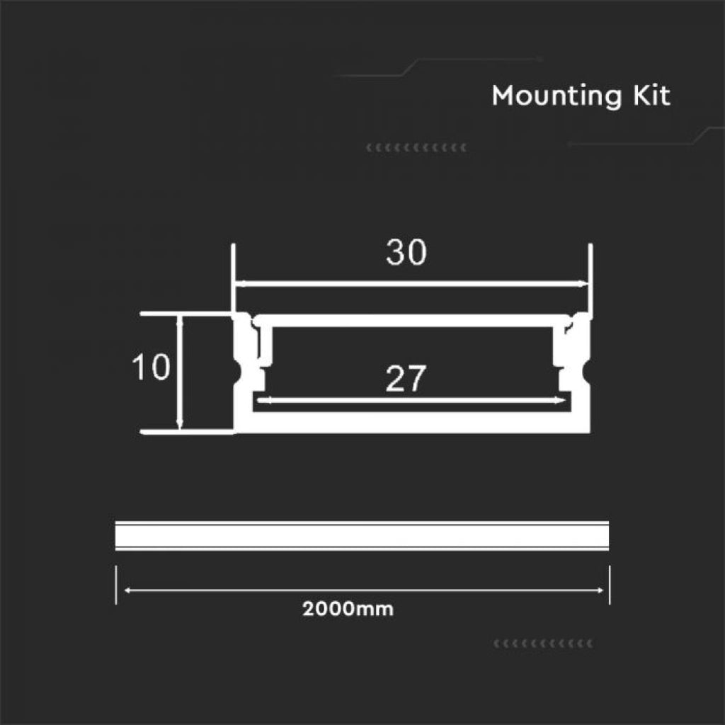 V-TAC Profilo Lineare per Strip LED con larghezza fino a 27mm in Alluminio Colore Silver con Copertura Opaca 2000x30x20mm