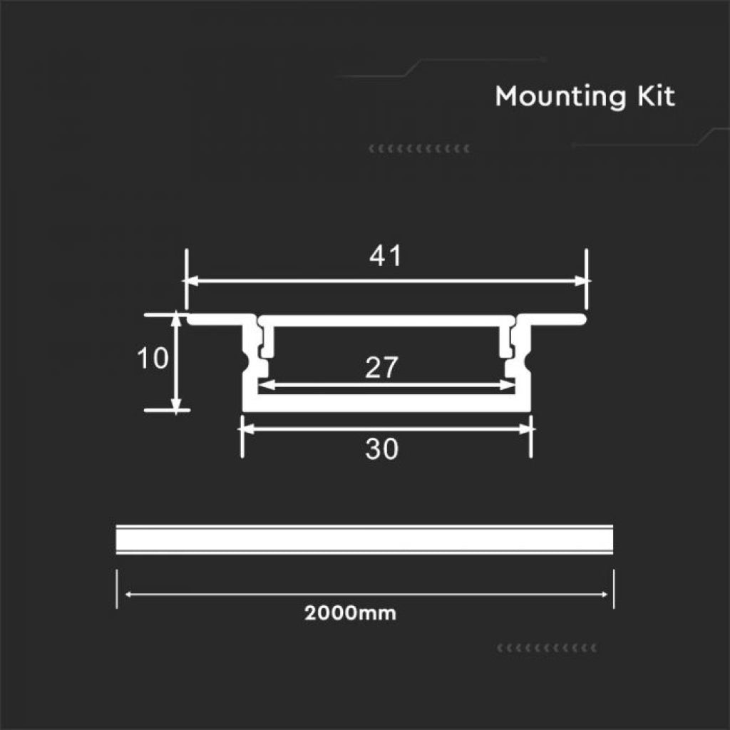 V-TAC Profilo Lineare a Incasso per Strip LED con larghezza fino a 27mm in Alluminio Colore Silver con Copertura Opaca 2000x10x41mm