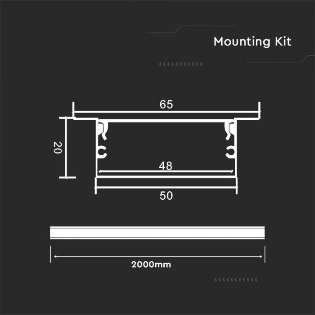 V-TAC Profilo Lineare a Incasso per Strip LED con larghezza fino a 48mm in Alluminio Colore Silver con Copertura Opaca 2000x20x65mm