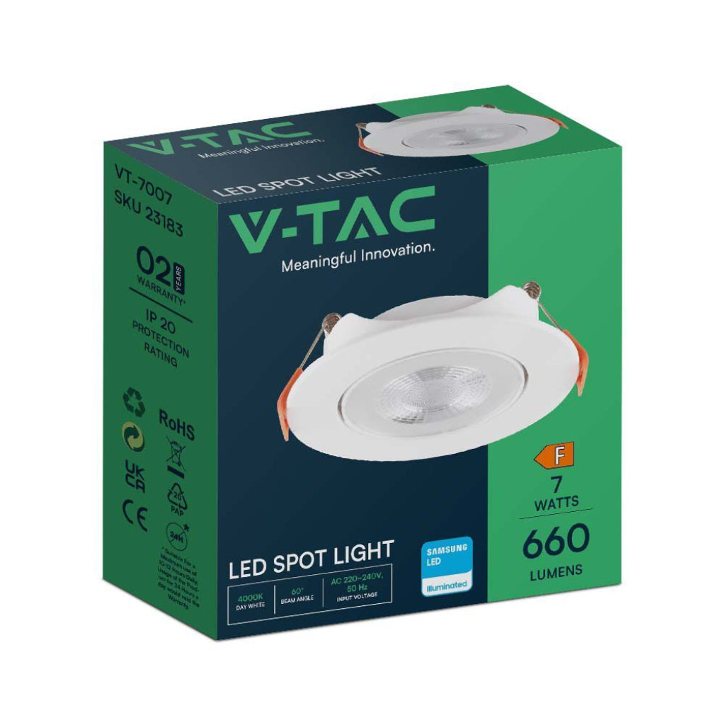 V-TAC PRO Faretto LED Chip Samsung Rotondo da Incasso 7W Colore Bianco 4000K
