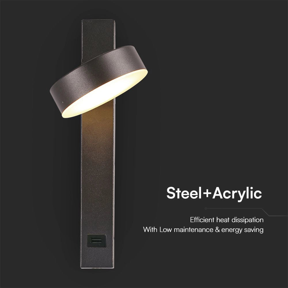 V-TAC Applique LED da Muro 8W dal Design Rotondo con porta USB e Angolo del Fascio Luminoso Regolabile 180° in Metallo Colore Nero 3000K