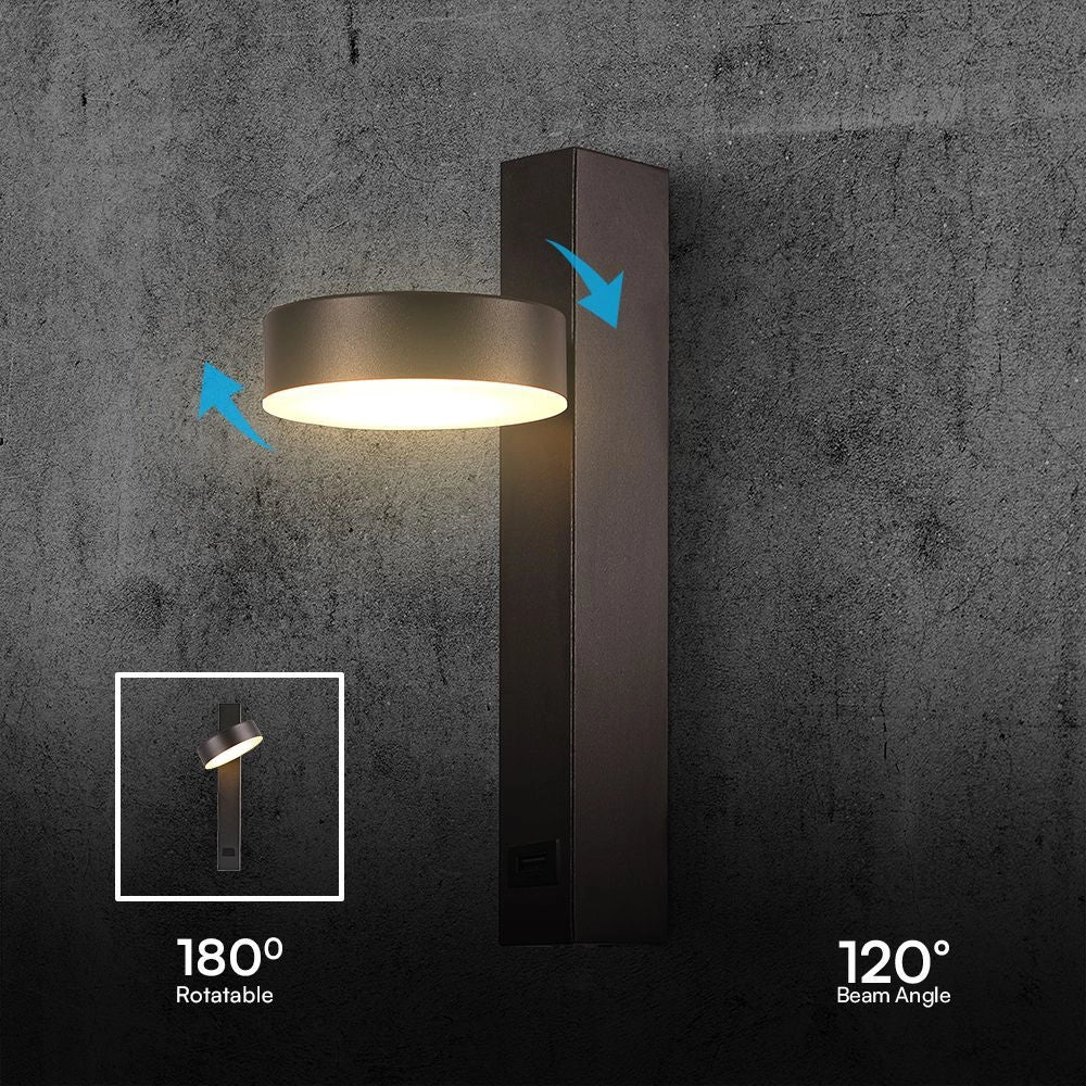 V-TAC Applique LED da Muro 8W dal Design Rotondo con porta USB e Angolo del Fascio Luminoso Regolabile 180° in Metallo Colore Nero 3000K