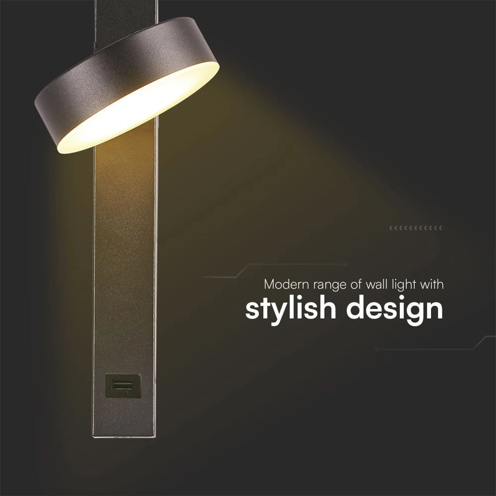 V-TAC Applique LED da Muro 8W dal Design Rotondo con porta USB e Angolo del Fascio Luminoso Regolabile 180° in Metallo Colore Nero 3000K