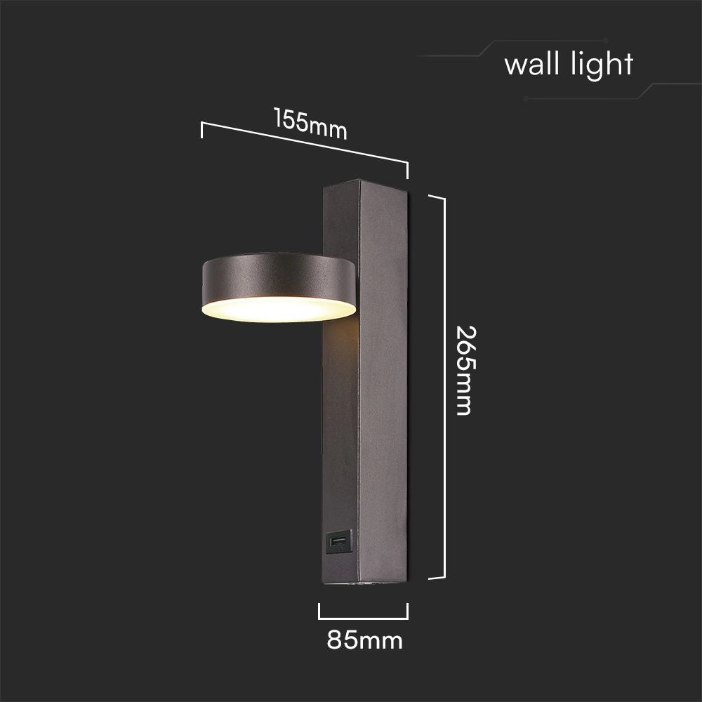 V-TAC Applique LED da Muro 8W dal Design Rotondo con porta USB e Angolo del Fascio Luminoso Regolabile 180° in Metallo Colore Nero 3000K