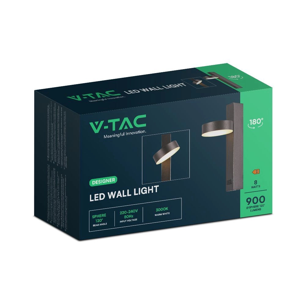 V-TAC Applique LED da Muro 8W dal Design Rotondo con porta USB e Angolo del Fascio Luminoso Regolabile 180° in Metallo Colore Nero 3000K