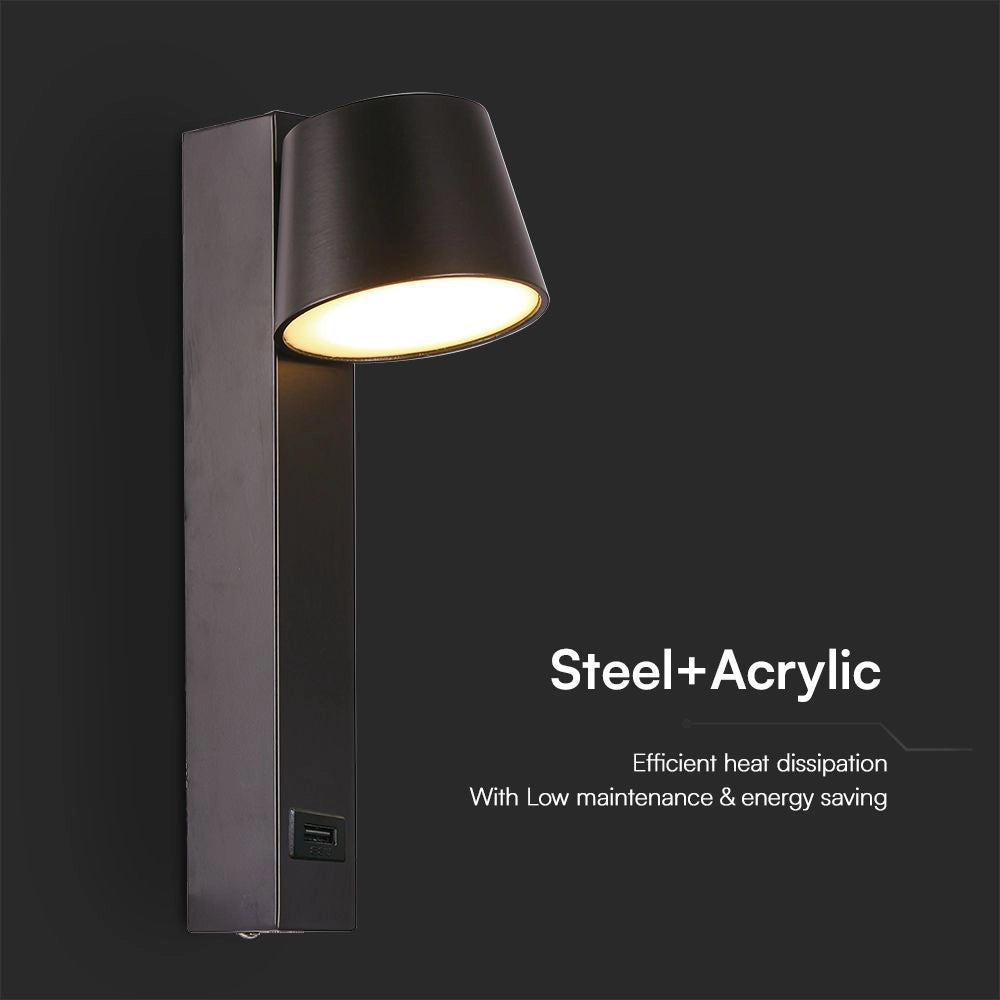 V-TAC Applique LED da Muro 8W dal Design Cilindrico con Porta USB e Angolo del Fascio Luminoso Regolabile 180° in Metallo Colore Nero 3000K