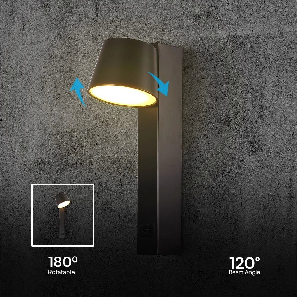 V-TAC Applique LED da Muro 8W dal Design Cilindrico con Porta USB e Angolo del Fascio Luminoso Regolabile 180° in Metallo Colore Nero 3000K