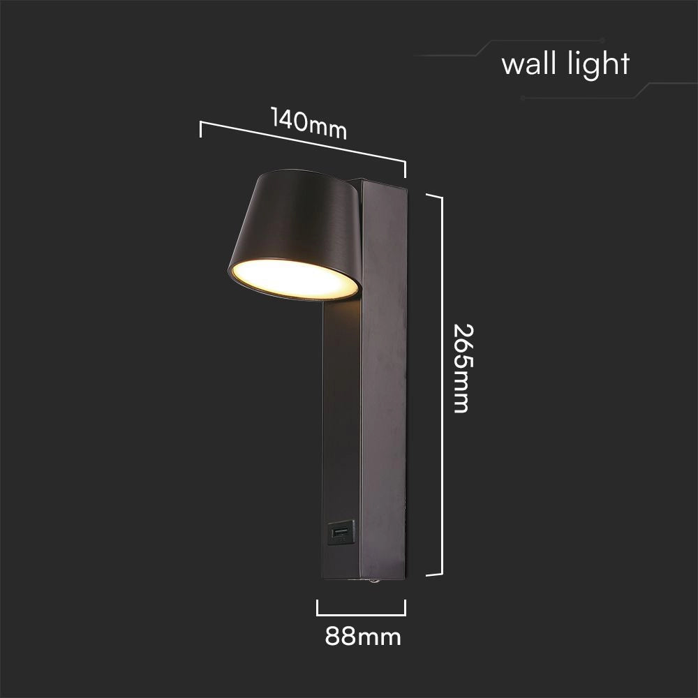 V-TAC Applique LED da Muro 8W dal Design Cilindrico con Porta USB e Angolo del Fascio Luminoso Regolabile 180° in Metallo Colore Nero 3000K