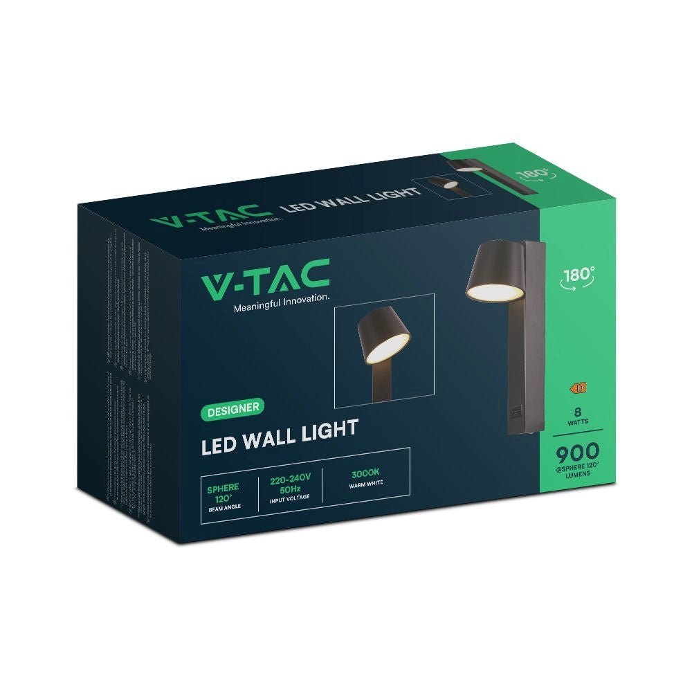V-TAC Applique LED da Muro 8W dal Design Cilindrico con Porta USB e Angolo del Fascio Luminoso Regolabile 180° in Metallo Colore Nero 3000K