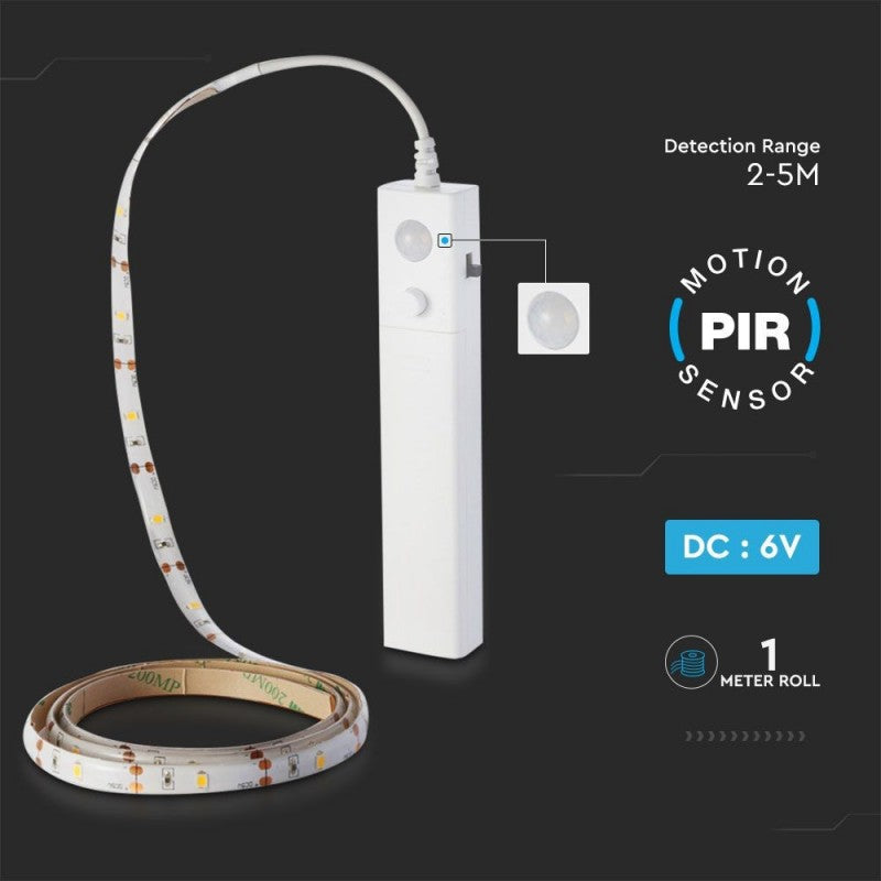 V-TAC Strip LED SMD2835 2,4W 1m 30 LED/m 6V a Batteria con Sensore di movimento 3000K IP65