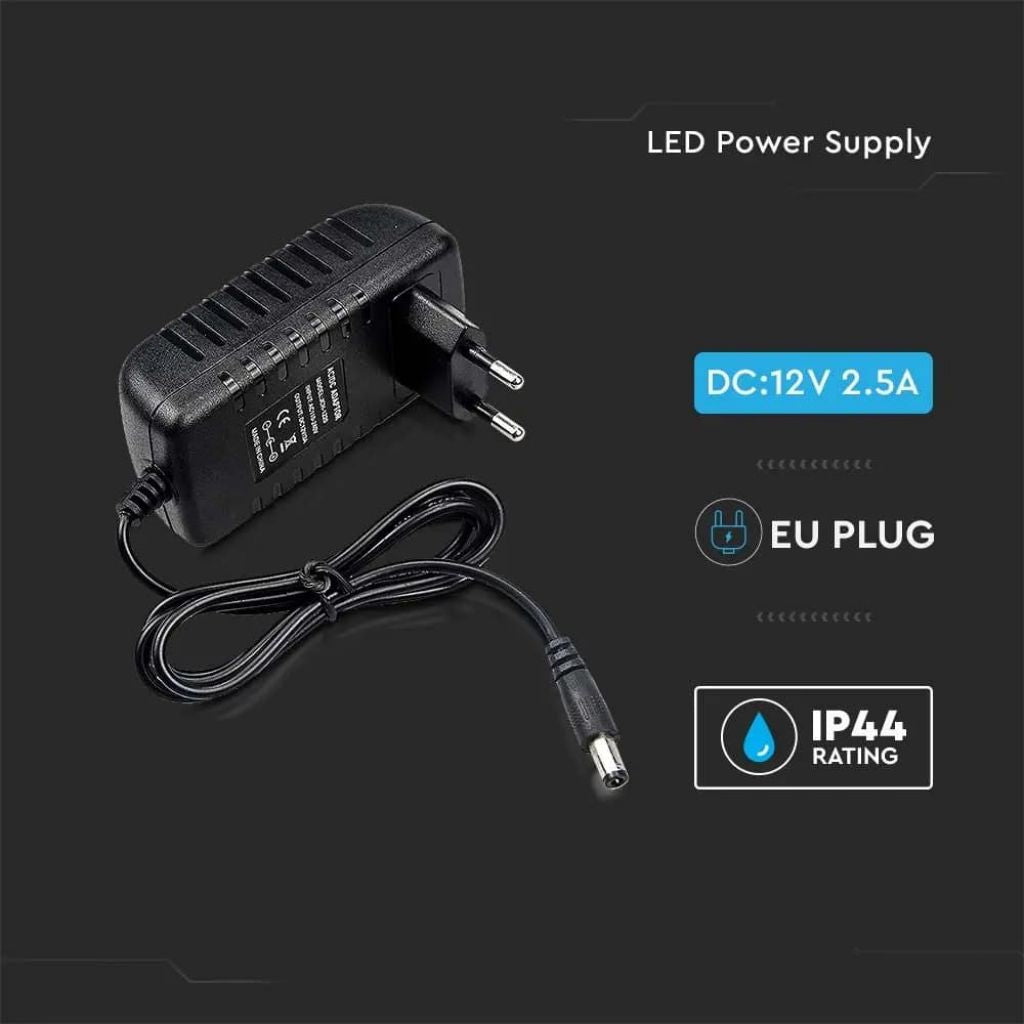 V-TAC Alimentatore in Plastica 30W 12V 2.5A Plug&Play con Jack 2.1 Colore Nero Cavo da 1.2m IP44