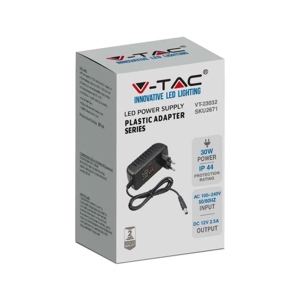 V-TAC Alimentatore in Plastica 30W 12V 2.5A Plug&Play con Jack 2.1 Colore Nero Cavo da 1.2m IP44