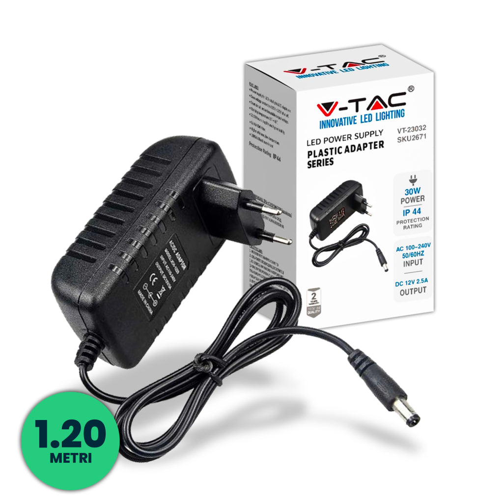 V-TAC Alimentatore in Plastica 30W 12V 2.5A Plug&Play con Jack 2.1 Colore Nero Cavo da 1.2m IP44