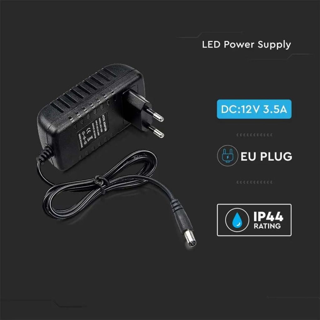 V-TAC Alimentatore in Plastica 42W 12V 3.5A Plug&Play con Jack 2.1 Colore Nero Cavo da 1.2m IP44