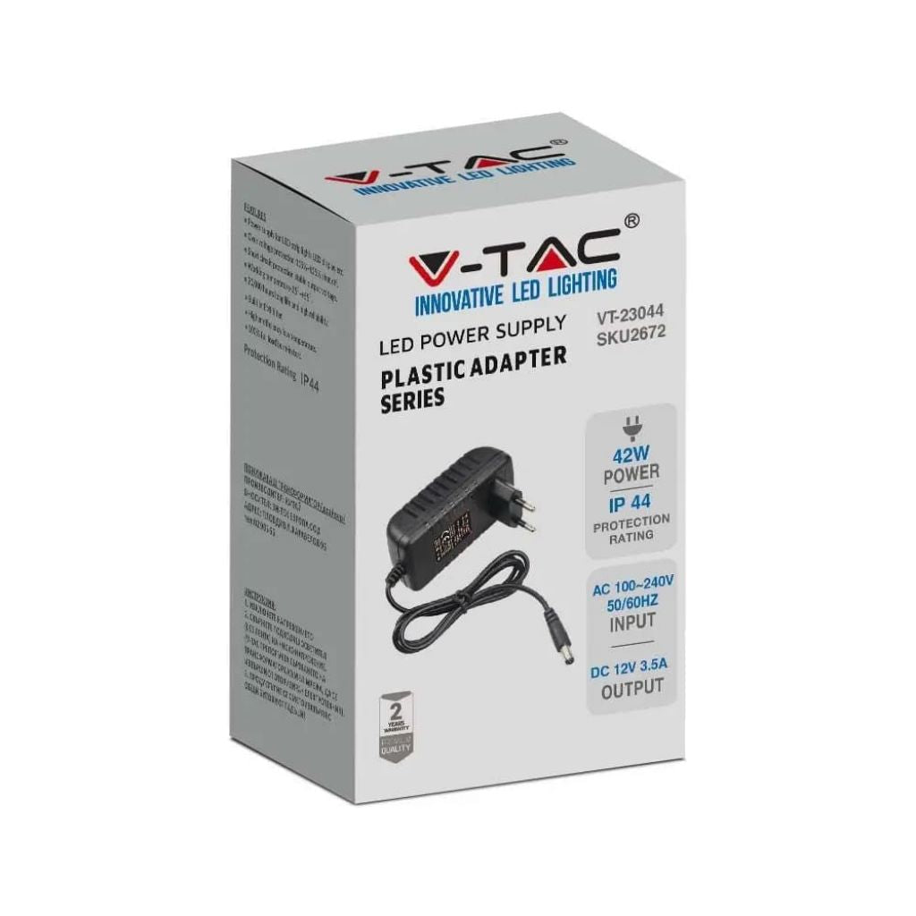 V-TAC Alimentatore in Plastica 42W 12V 3.5A Plug&Play con Jack 2.1 Colore Nero Cavo da 1.2m IP44