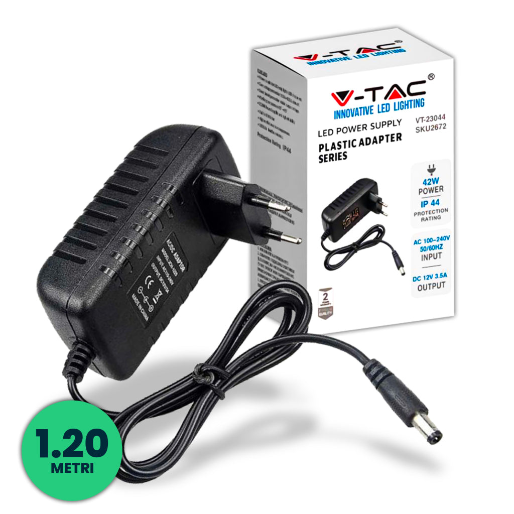V-TAC Alimentatore in Plastica 42W 12V 3.5A Plug&Play con Jack 2.1 Colore Nero Cavo da 1.2m IP44