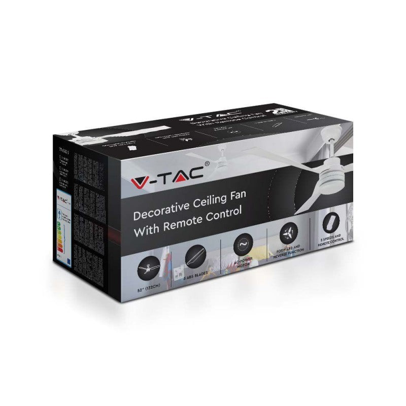 V-TAC Ventilatore LED da Soffitto 65W RF Controller con Telecomando Colore Bianco 52 Pollici 3 pale