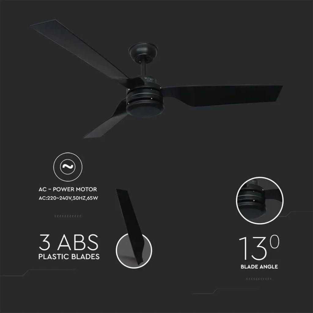 V-TAC Ventilatore LED da Soffitto 65W RF Controller con Telecomando Colore Nero 132cm 3 pale