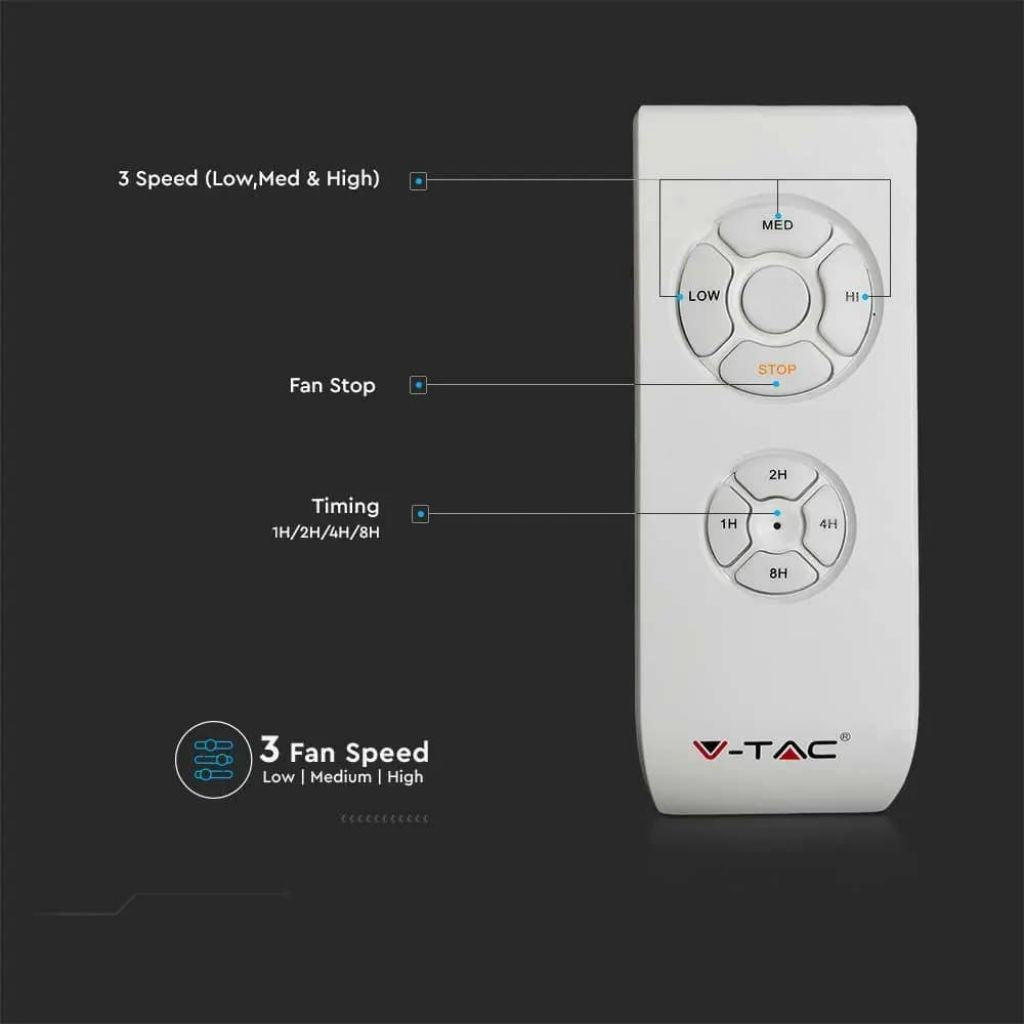 V-TAC Ventilatore LED da Soffitto 65W RF Controller con Telecomando Colore Nero 132cm 3 pale