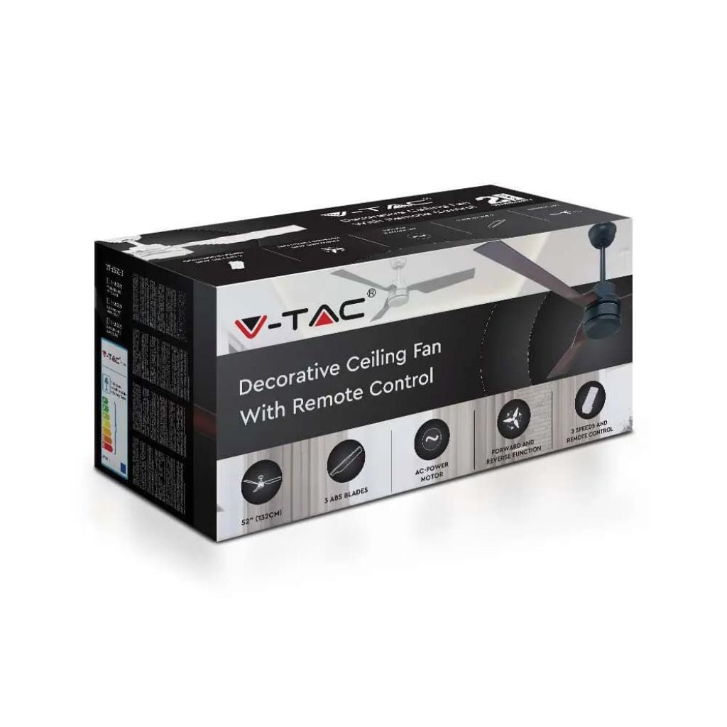 V-TAC Ventilatore LED da Soffitto 65W RF Controller con Telecomando Colore Nero 132cm 3 pale