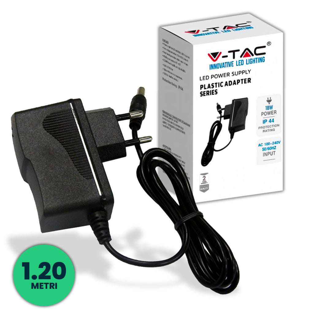 V-TAC Alimentatore in Plastica 18W 12V 1.5A Plug&Play con Jack 2.1 Colore Nero Cavo da 1.2m IP44