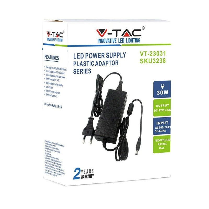 V-TAC Alimentatore in Plastica 30W 12V 2.5A Plug&Play con Jack 2.1 Colore Nero Cavo da 2.4m IP44